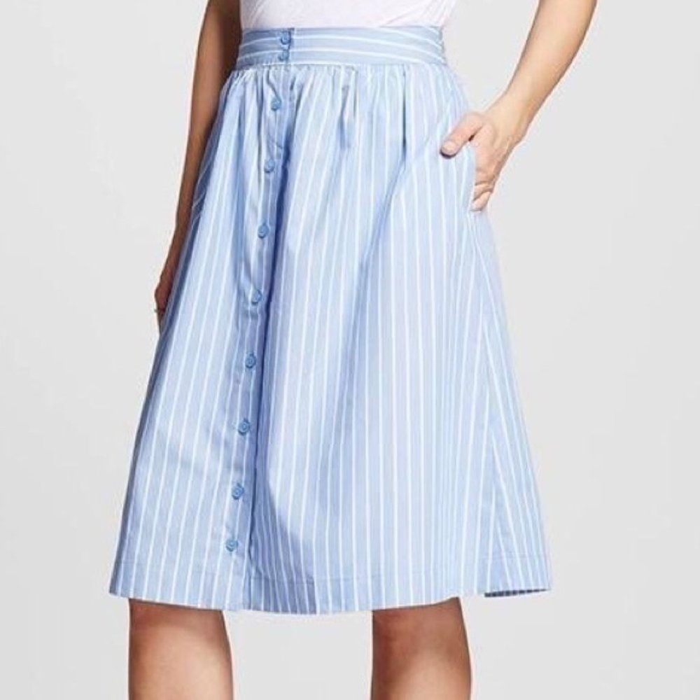 Who What Wear Light Blue & White Striped Midi Button-Front Skirt